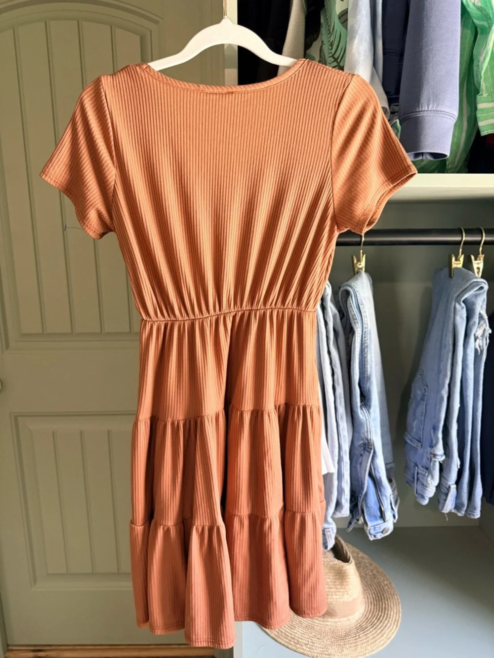 Olivia Rae Ribbed V-Neck Tiered Mini Dress in Terracotta